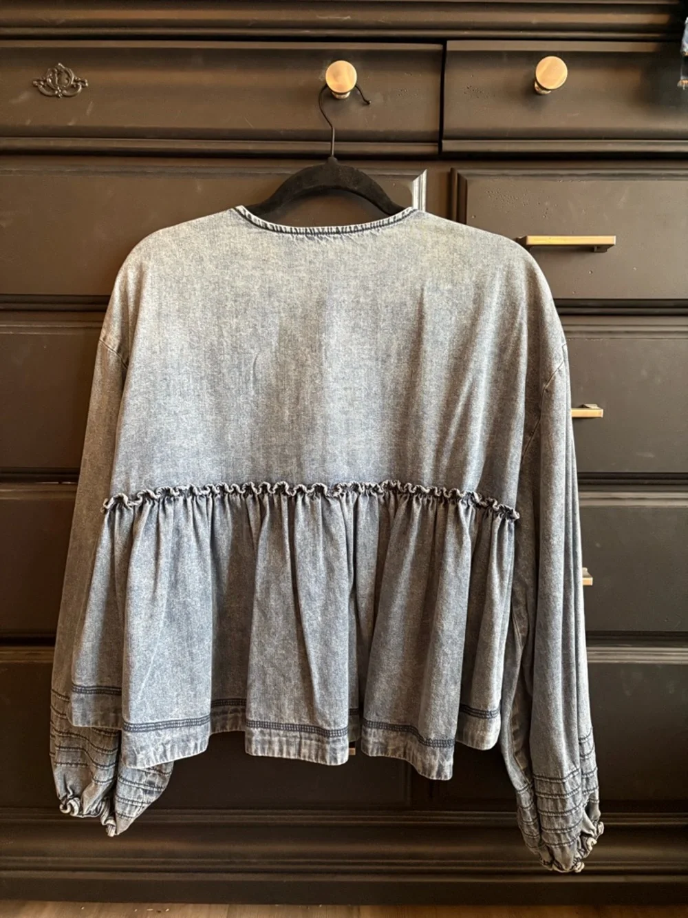 Free People Medium Denim Blue Jean Charlotte Blouse Peplum Top Shirt - Picture 3 of 6